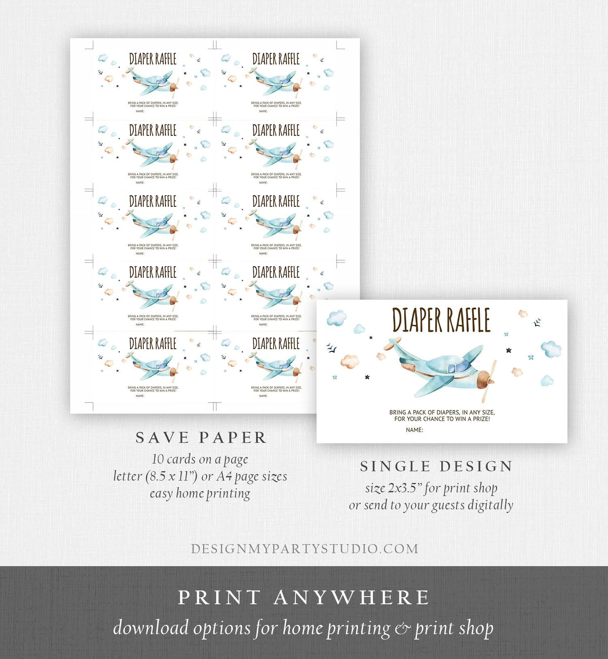 Editable Diaper Raffle Ticket Airplane Baby Shower Travel Adventure Diaper Game Blue Plane Diaper Ticket Digital Template Printable 0185