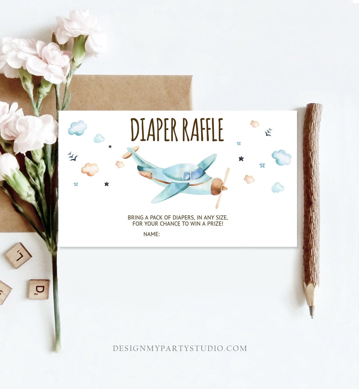 Editable Diaper Raffle Ticket Airplane Baby Shower Travel Adventure Diaper Game Blue Plane Diaper Ticket Digital Template Printable 0185