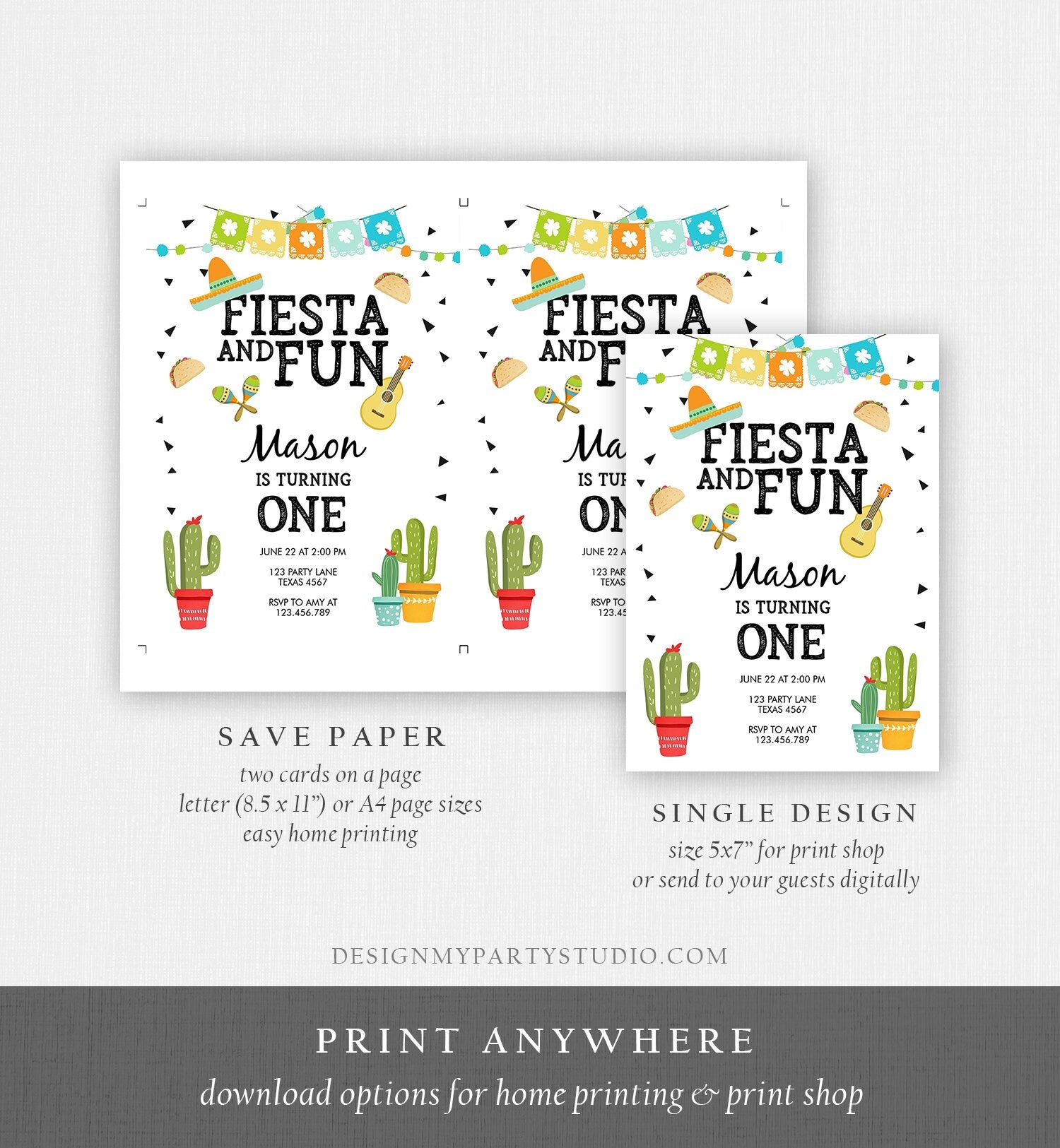 Editable Fiesta and Fun Birthday Invitation Boy First Fiesta Cactus Sombrero Mexican Blue Digital Download Evite Template Printable 0161