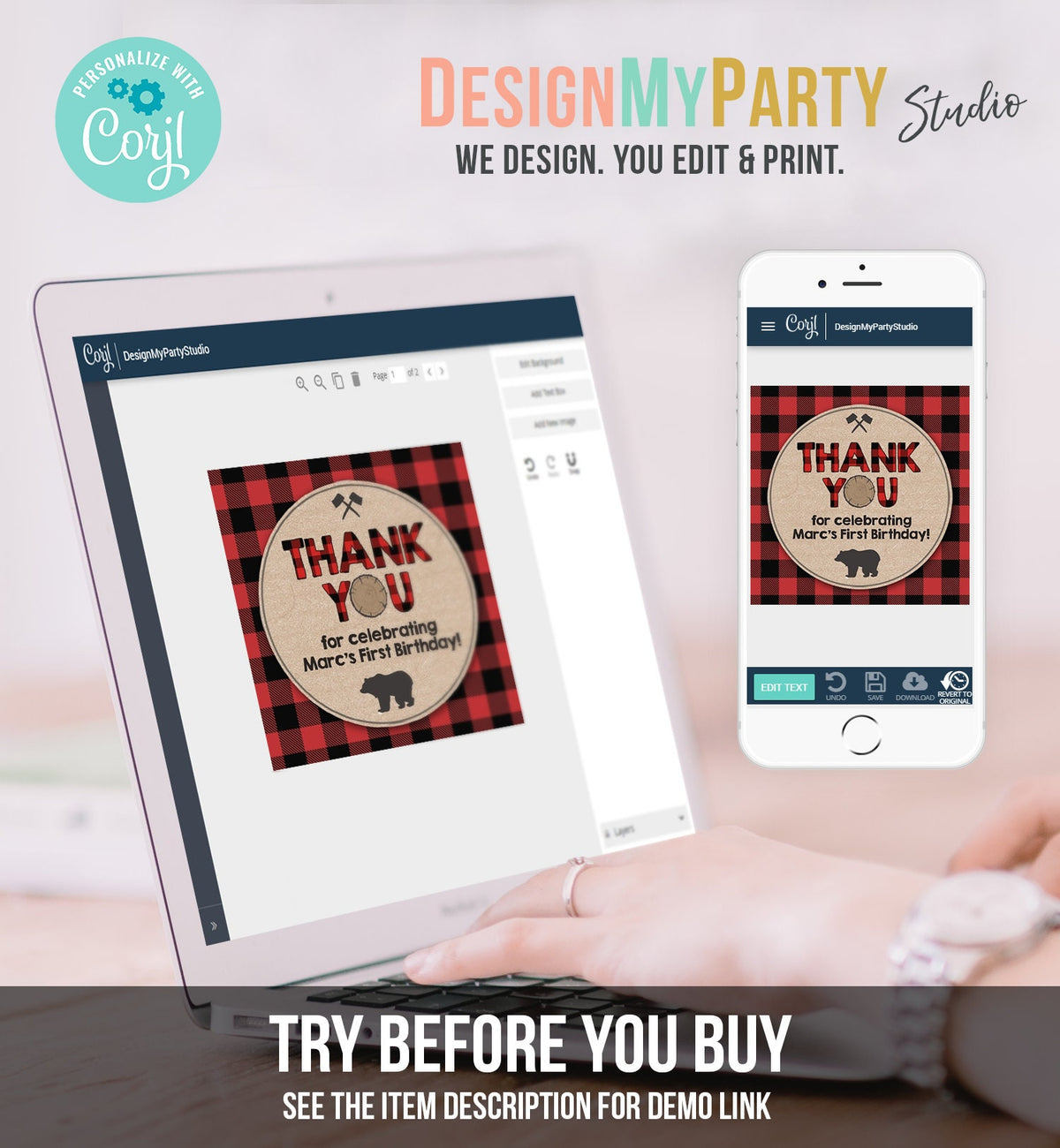 Editable Lumberjack Favor Tags Thank you Lumberjack Birthday Round tag Sticker Label Baby shower Woodland Bear template PRINTABLE Corjl 0026