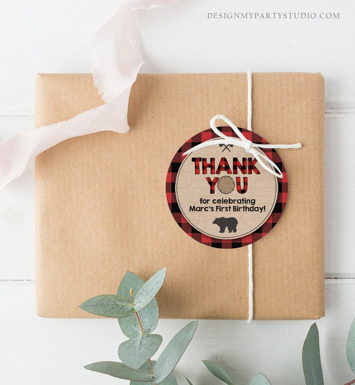 Editable Lumberjack Favor Tags Thank you Lumberjack Birthday Round tag Sticker Label Baby shower Woodland Bear template PRINTABLE Corjl 0026