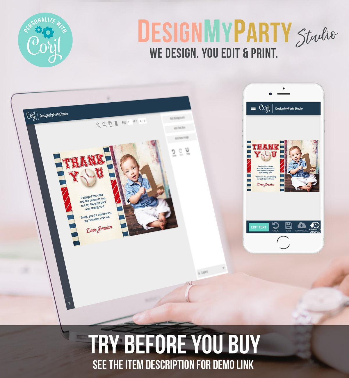 Editable Baseball Thank You Card Birthday Boy Little Slugger Rookie of The Year First 1st Batter Up Download Template Digital Corjl 0069