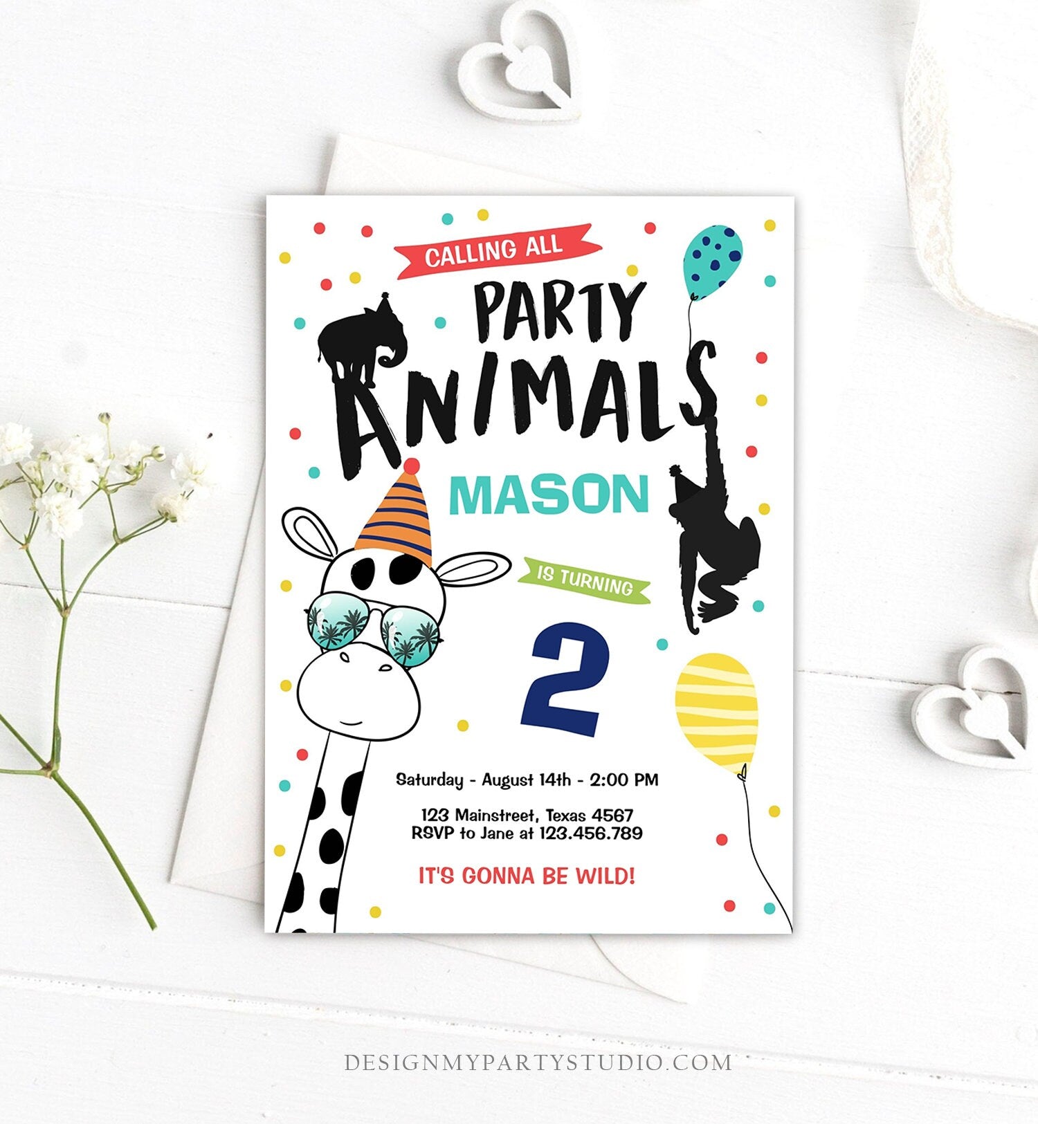 Editable Party Animals Birthday Invitation Wild One Animals Invitation Zoo Safari Animals Boy Download Printable Invite Template Corjl