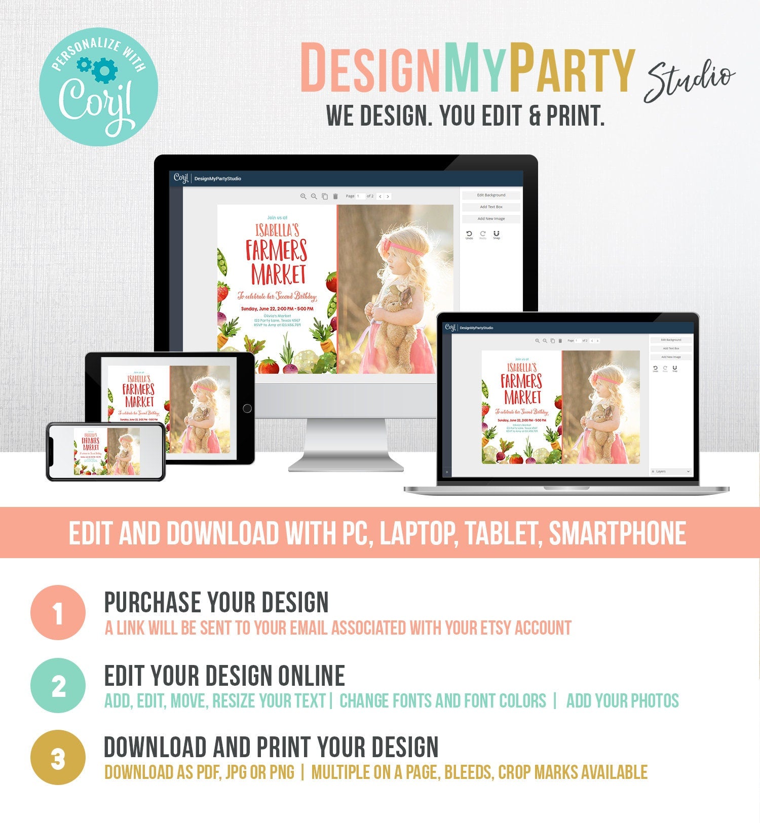 Editable Farmers Market Birthday Invitation Vegetables Locally Grown Veggies Farm Fruits Market Printable Invitation Template Corjl 0144