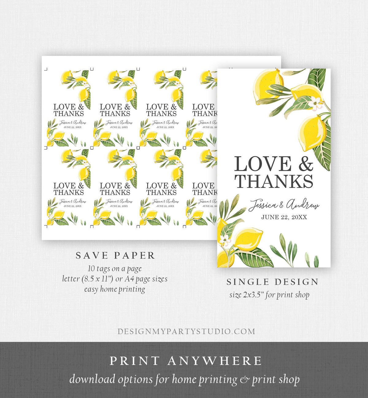 Editable Lemon Thank You Tags Wedding Favor Tags Love &amp; Thanks Bridal Shower Baby Shower Foliage Greenery Digital Template Printable 0220