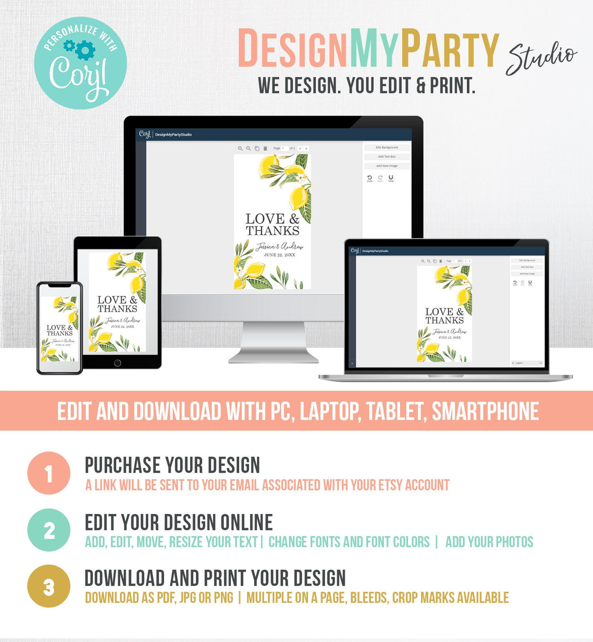 Editable Lemon Thank You Tags Wedding Favor Tags Love &amp; Thanks Bridal Shower Baby Shower Foliage Greenery Digital Template Printable 0220