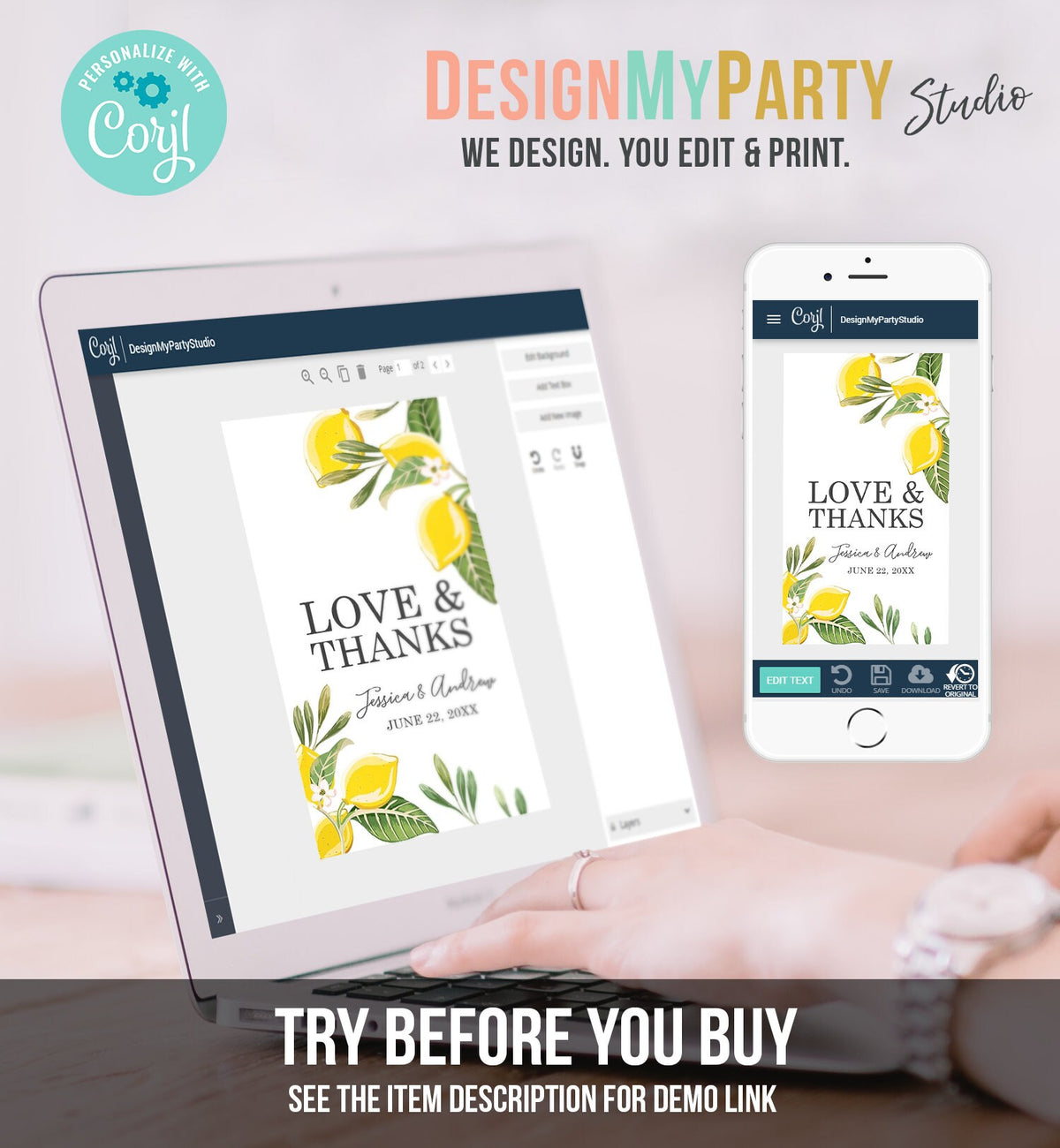 Editable Lemon Thank You Tags Wedding Favor Tags Love &amp; Thanks Bridal Shower Baby Shower Foliage Greenery Digital Template Printable 0220