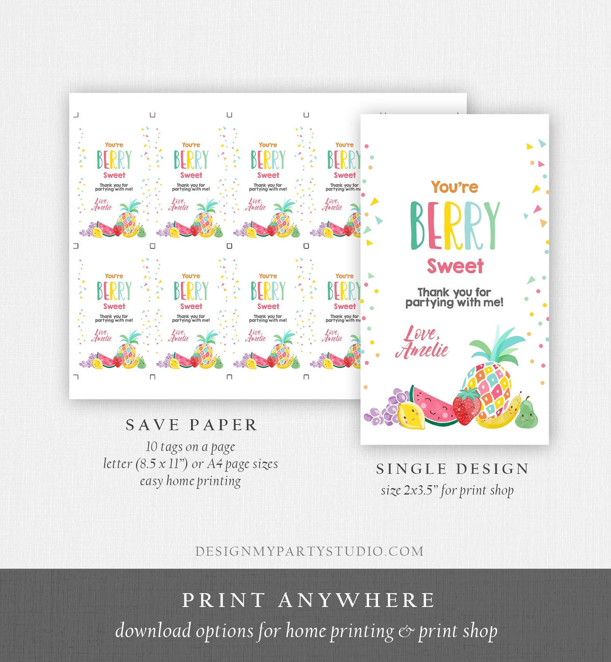 Editable Favor Tag Two-tti Frutti Birthday Two-tti Fruiti Party Fruit Thank You Tag Tropical Summer Digital Download Template Printable 0139