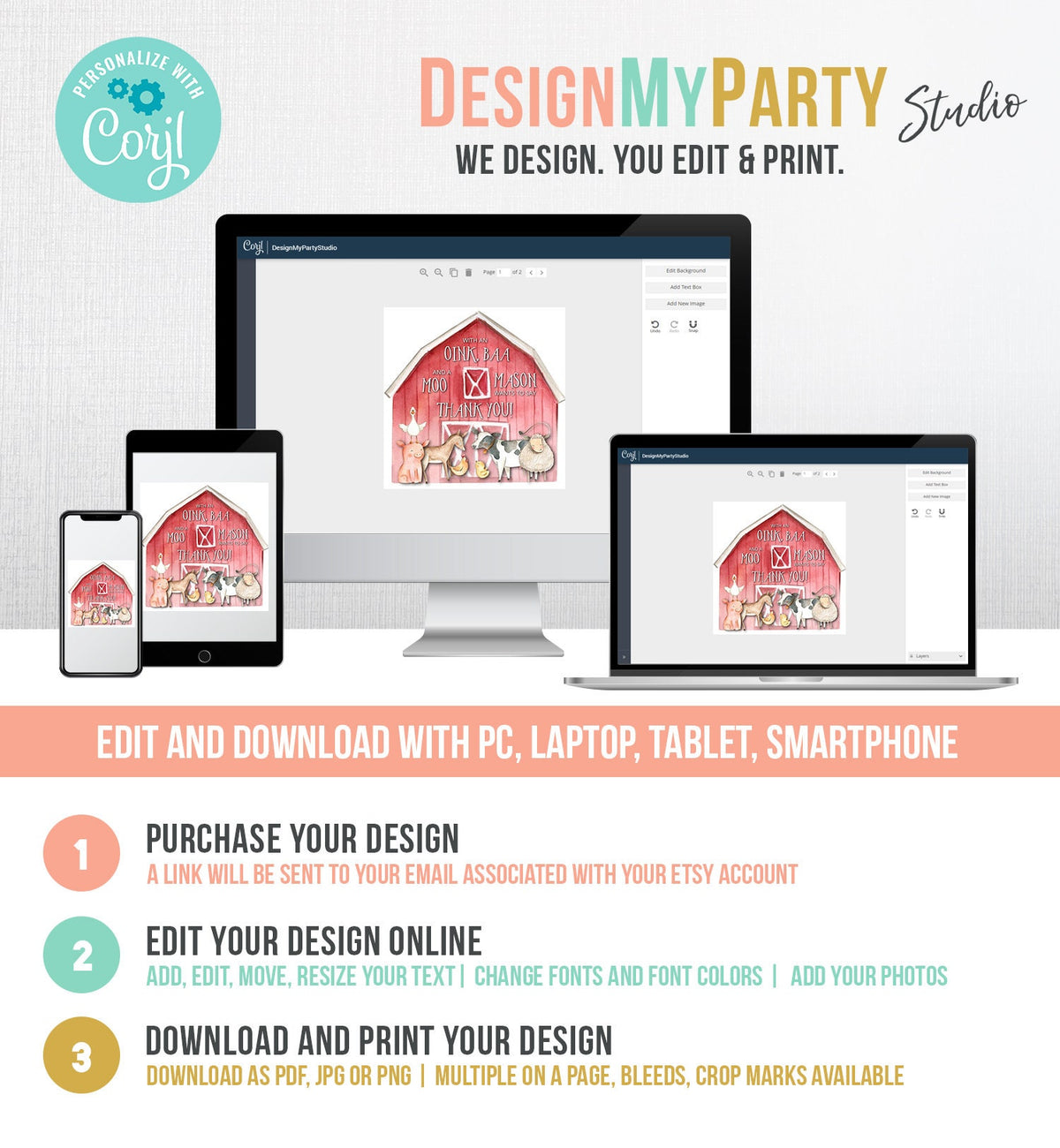 Editable Farm Animals Favor Tags Tags Farm Birthday Thank You Tag Barnyard Favor Boy Birthday Cow Pig Red Barn Corjl Template Printable 0155