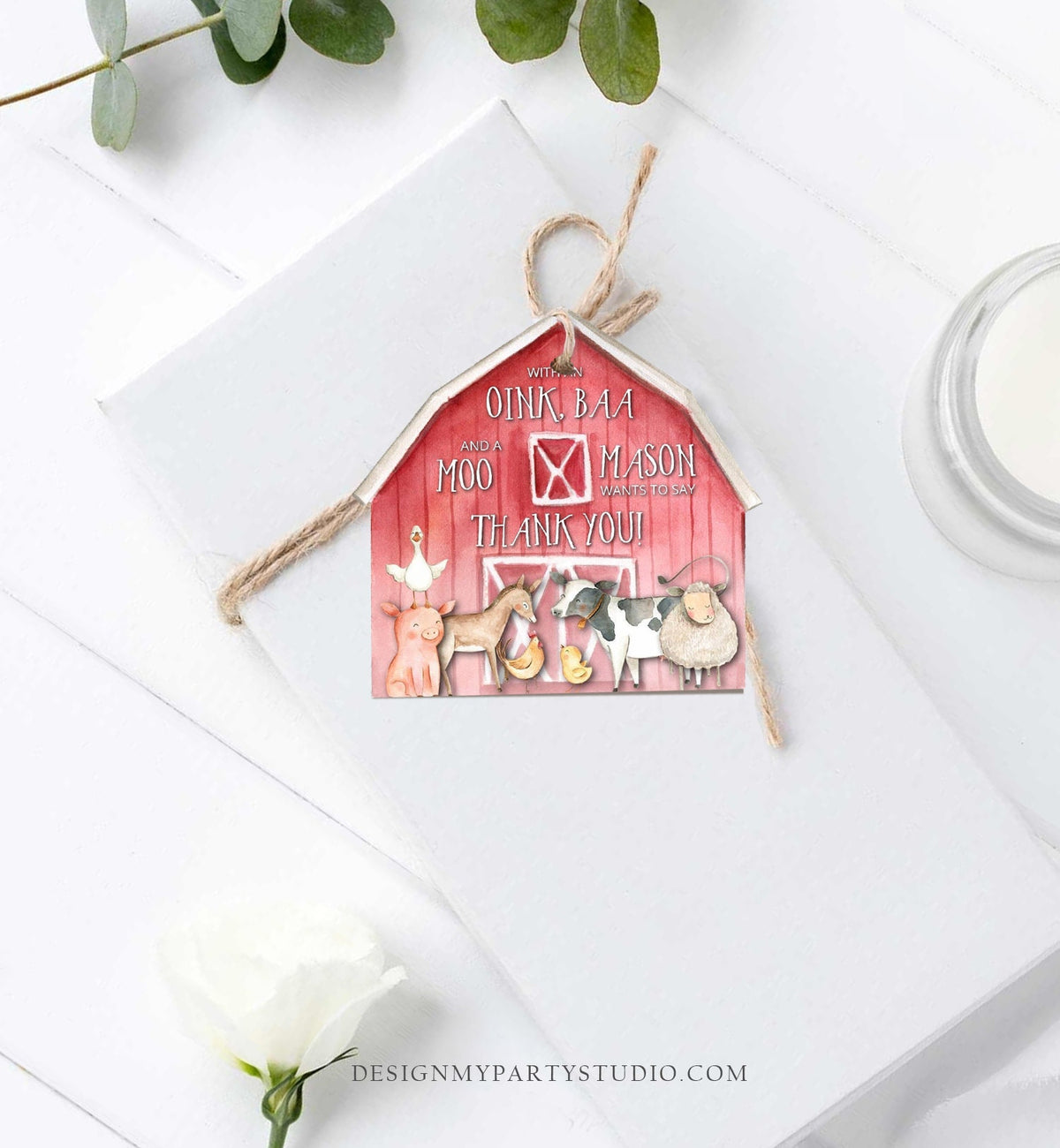 Editable Farm Animals Favor Tags Tags Farm Birthday Thank You Tag Barnyard Favor Boy Birthday Cow Pig Red Barn Corjl Template Printable 0155