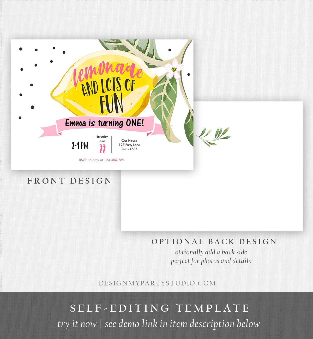 Editable Lemon Birthday Invitation Sunshine Lemonade and Fun Girl First Birthday Party Pink Sweet 1st Citrus Corjl Template Printable 0307