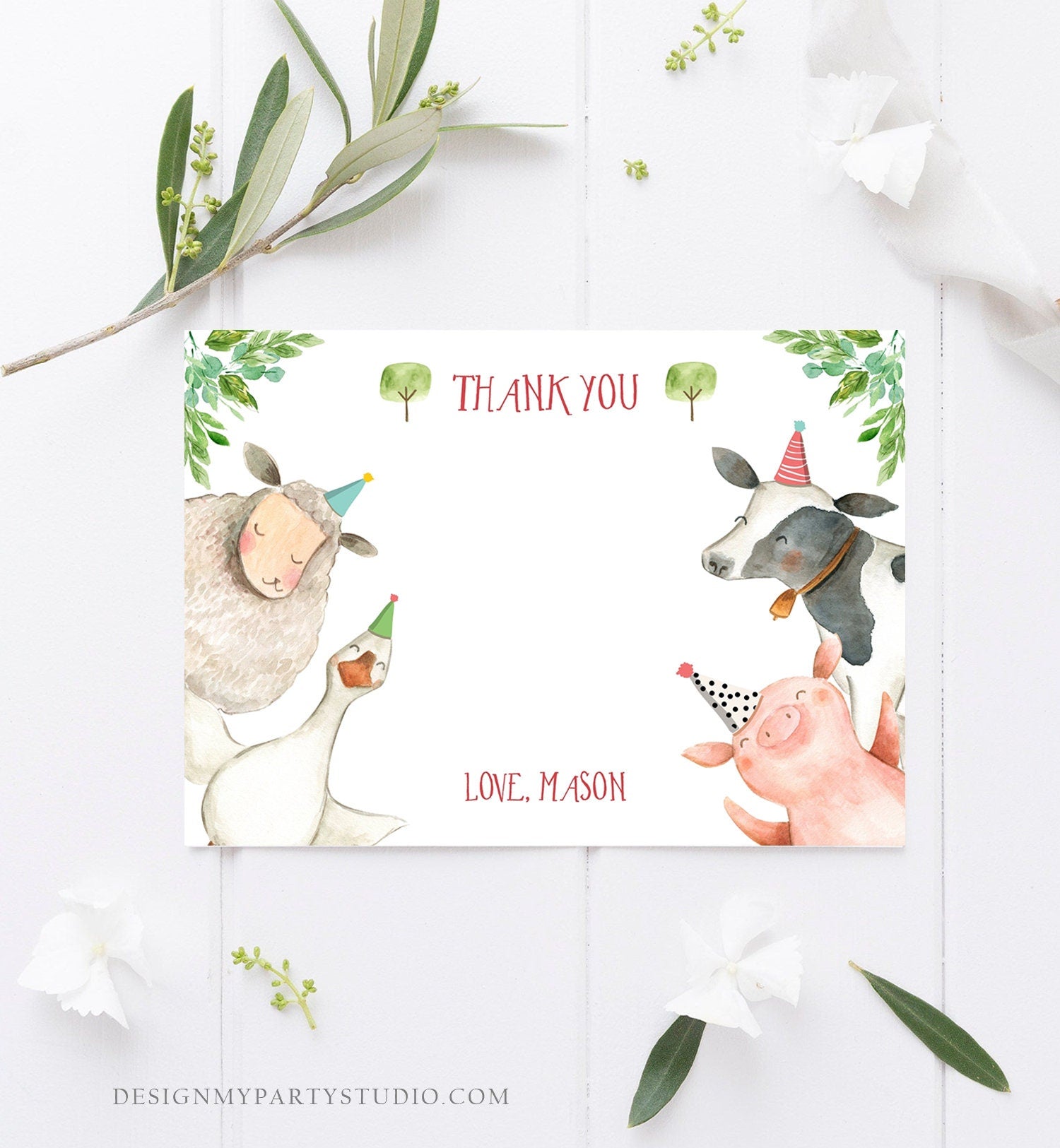 Editable Farm Animals Thank You Card Red Gingham Farm Birthday Boy Barnyard Thank You Card Birthday Digital Download Template Printable 0155