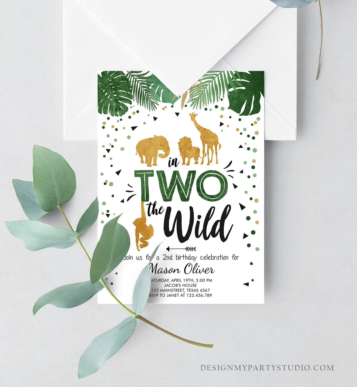 Editable In Two The Wild Birthday Invitation Boy Second Birthday Safari Animals Jungle Green Gold 2nd Download Corjl Template Printable 0016