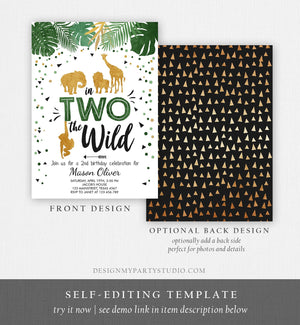 Editable In Two The Wild Birthday Invitation Boy Second Birthday Safari Animals Jungle Green Gold 2nd Download Corjl Template Printable 0016