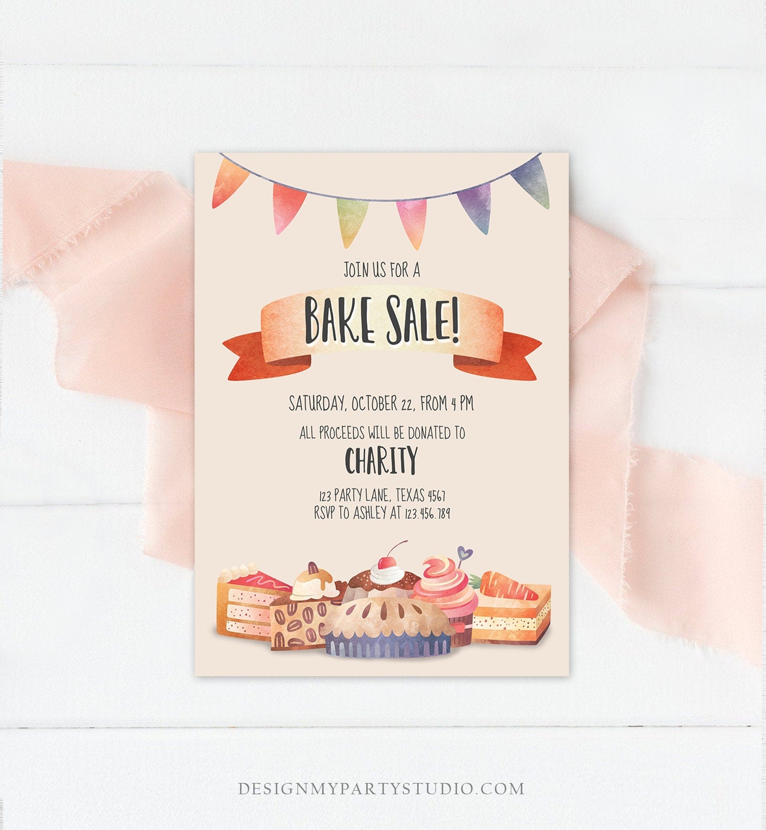 Editable Bake Sale Party Festival Invitation Fundraiser School Church Flyer Kitchen Cake Cookie Download Corjl Template Printable 0258