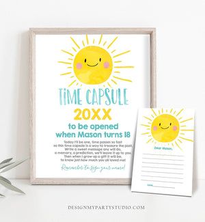 Editable Sunshine Time Capsule First Birthday Party Little Sunshine Blue Bow Tie Boy Birthday Summer Guestbook Template Printable Corjl 0141