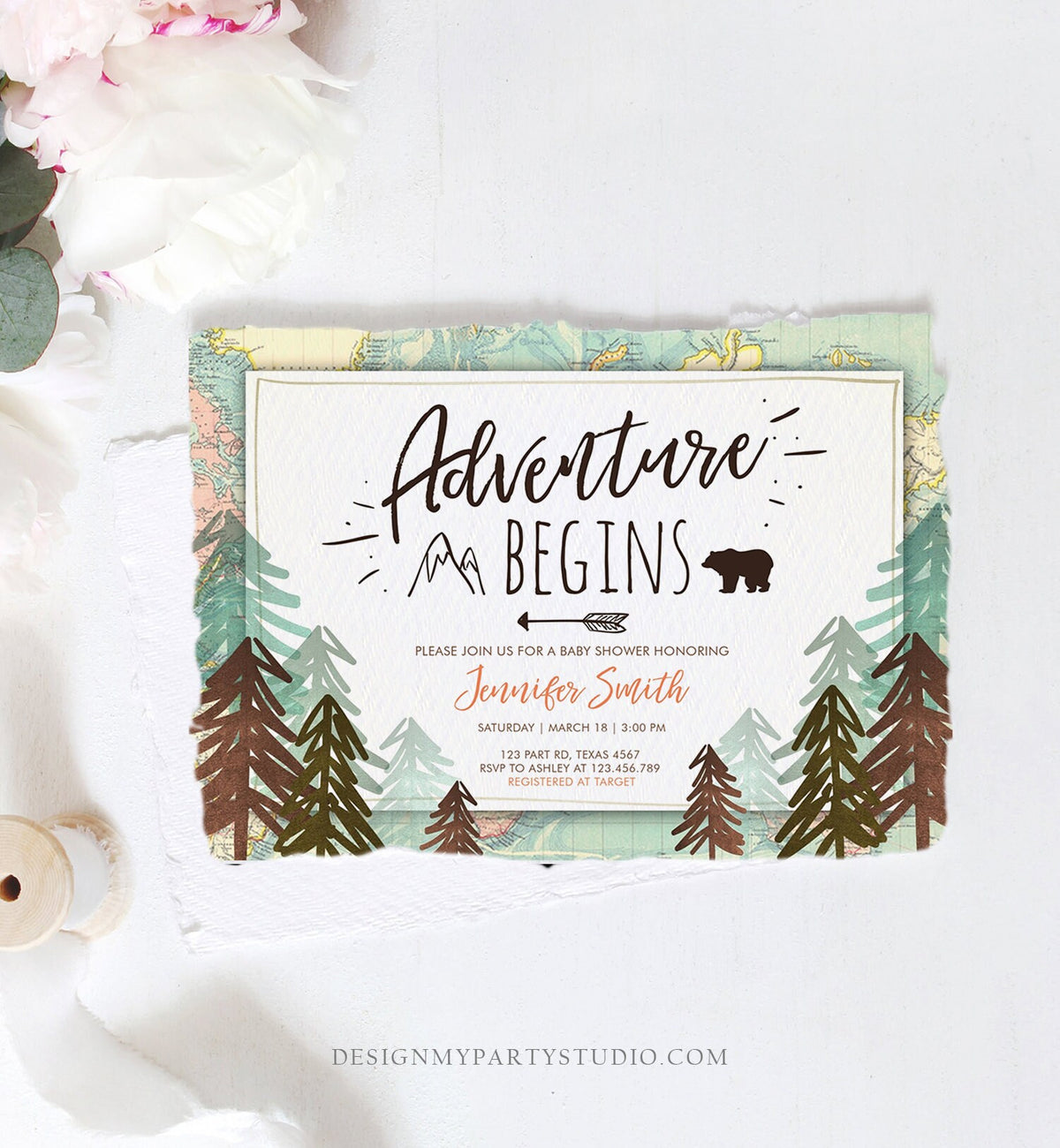 Editable Adventure Begins Baby Shower Invitation Forest Woodland Vintage Globe Travel Around the World Awaits Corjl Template Printable 0044