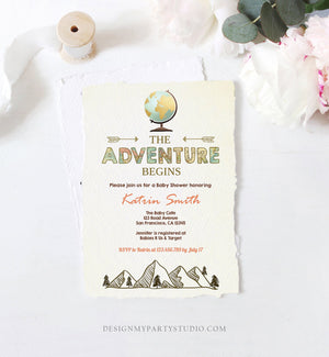 Editable Adventure Begins Baby Shower Invitation Forest Mountains Vintage Globe Travel Around World Digital Corjl Template Printable 0044