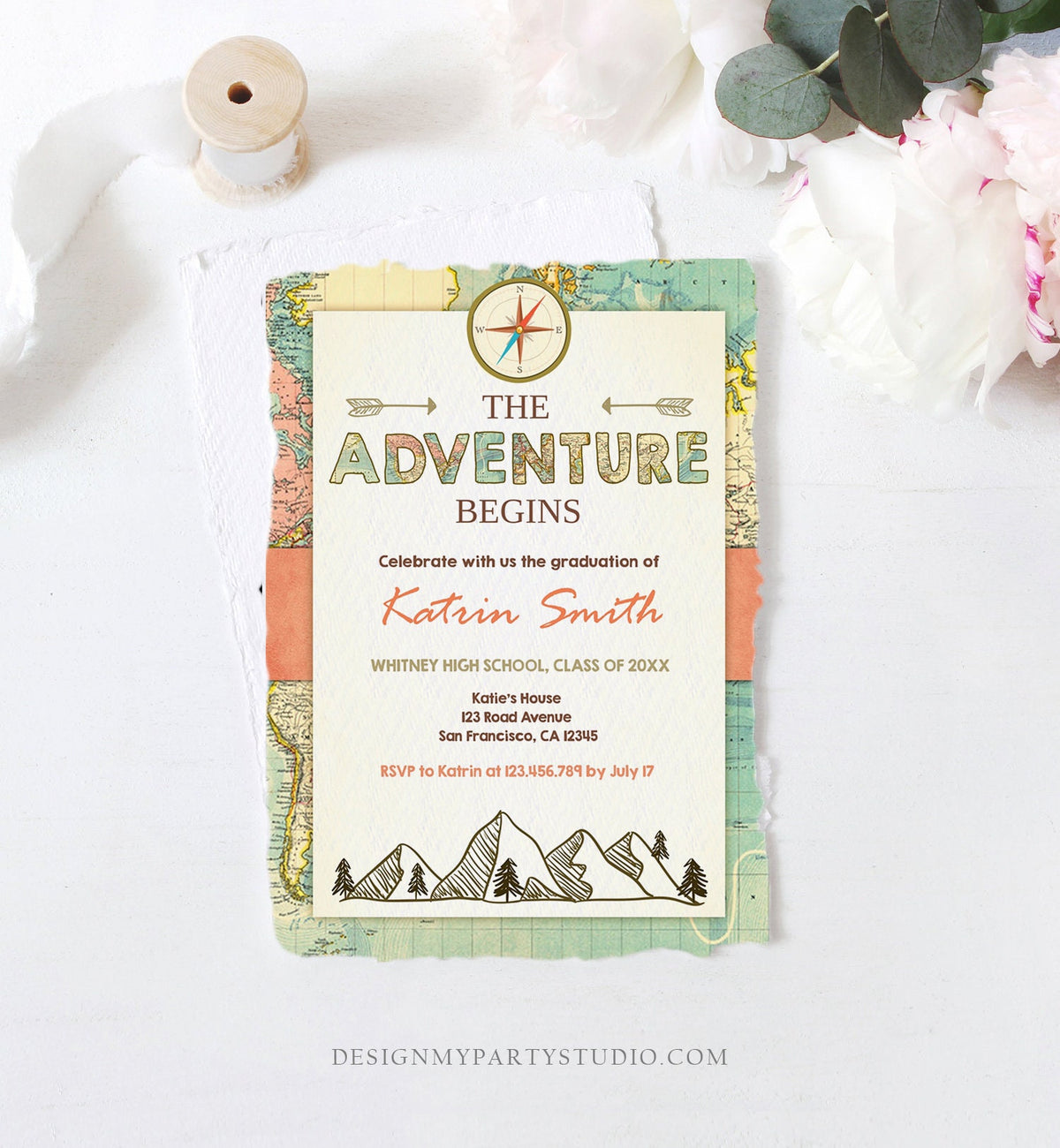 Editable Adventure Begins Graduation Party Invitation Woodland Vintage Travel College High School Grad Digital Template Printable 0044