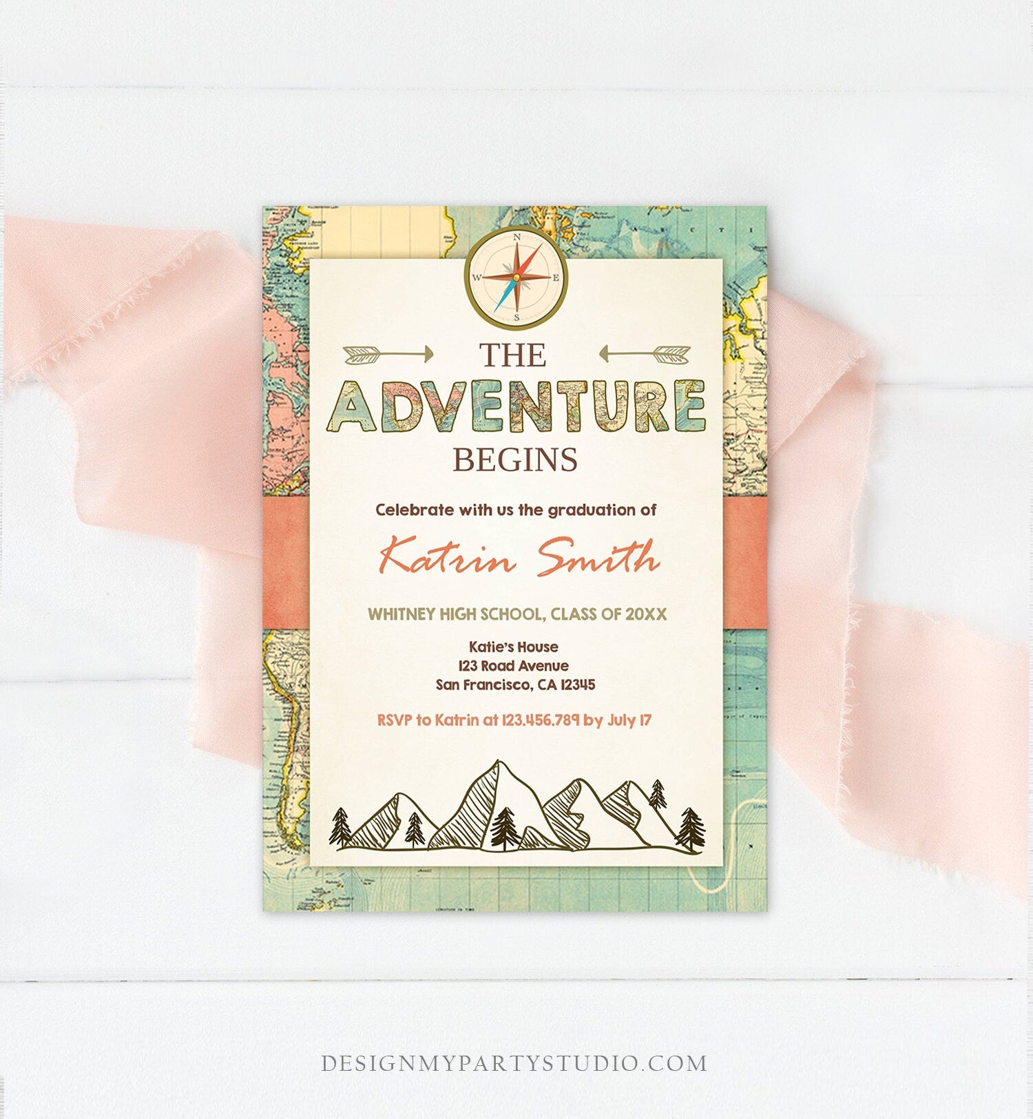Editable Adventure Begins Graduation Party Invitation Woodland Vintage Travel College High School Grad Digital Template Printable 0044