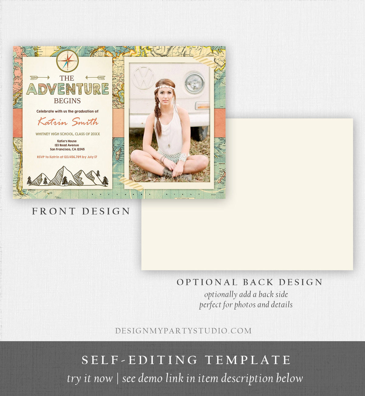 Editable Adventure Begins Graduation Party Invitation Forest Woodland Vintage Travel College High School Grad Digital Corjl Template 0044