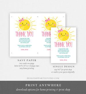 Editable Little Sunshine Thank You Card Birthday Party Pink Girl Bow Baby Shower First Birthday 1st Digital Corjl Template Printable 0141