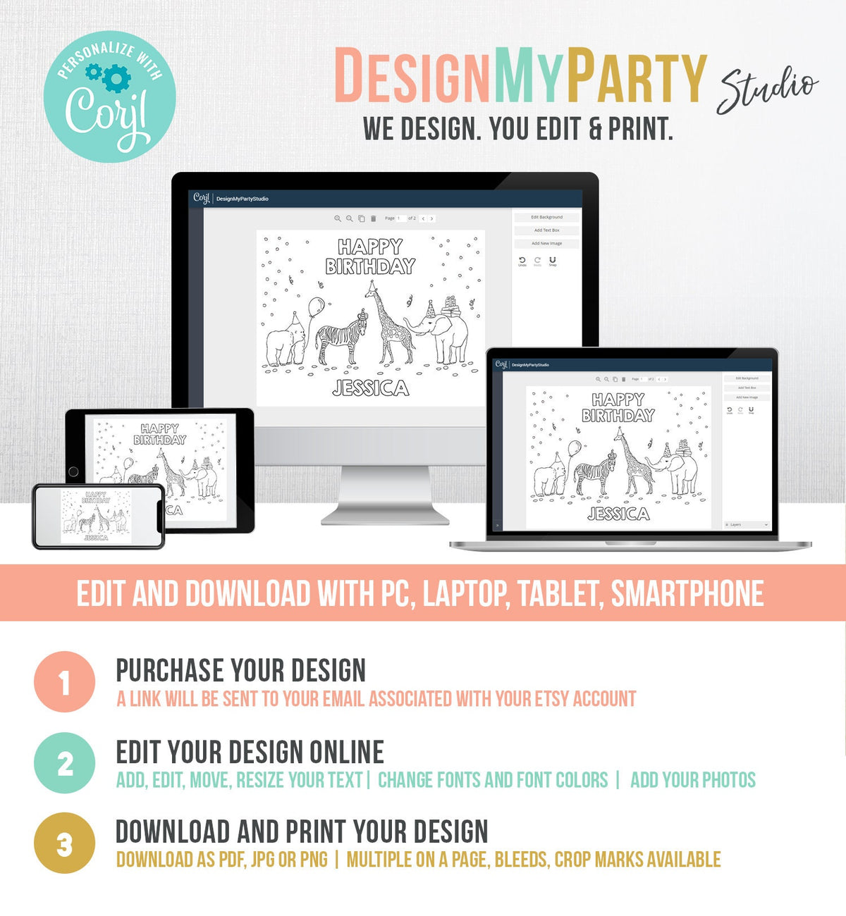 Editable Coloring Page Safari Animals Birthday Party Activity Game Wild One Birthday Zoo Jungle Party Animals Download PRINTABLE Corjl 0142