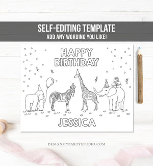 Editable Coloring Page Safari Animals Birthday Party Activity Game Wild One Birthday Zoo Jungle Party Animals Download PRINTABLE Corjl 0142