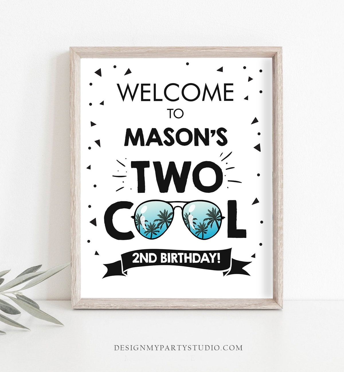 Editable Two Cool Birthday Welcome Sign 2nd Birthday I&#39;m This Many Welcome Boy Birthday Sunglasses Palm Template PRINTABLE Corjl 0136