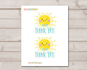 Little Sunshine Thank You Card Birthday Baby Shower Thank You Note Ray of Sunshine Bow Boy Blue 4x6" Watercolor Instant Download 0141