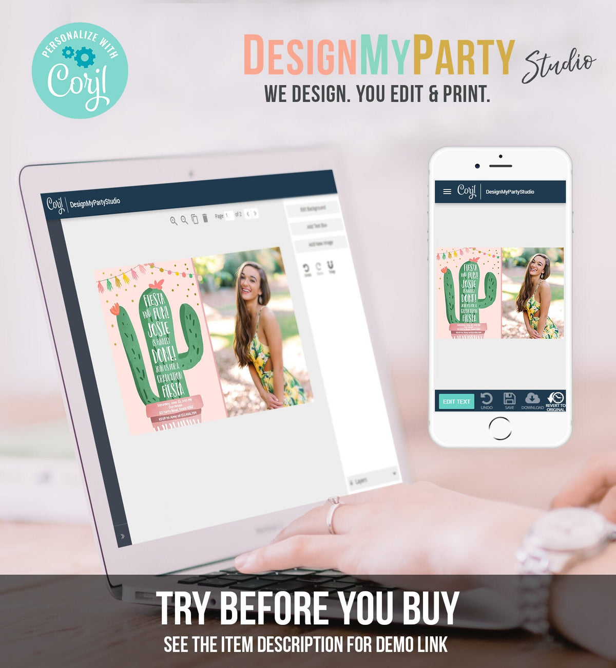 Editable Graduation Fiesta and Fun Party Invitation Finally Done Let's Fiesta Cactus College High School Grad Corjl Template Printable 0255