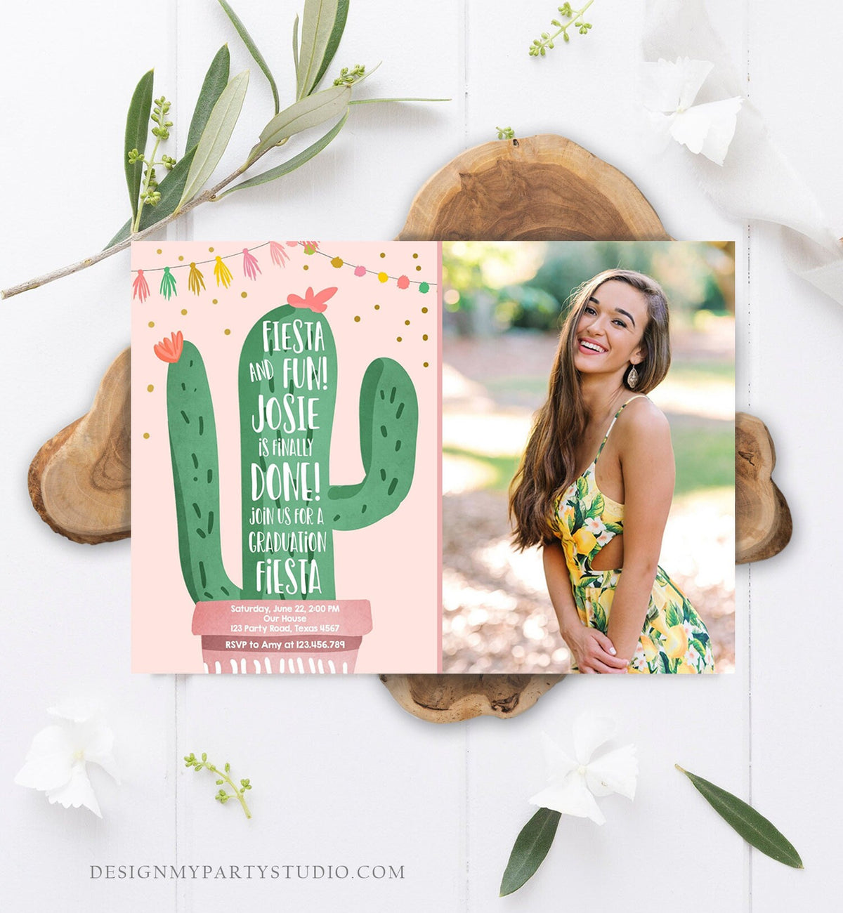 Editable Graduation Fiesta and Fun Party Invitation Finally Done Let's Fiesta Cactus College High School Grad Corjl Template Printable 0255