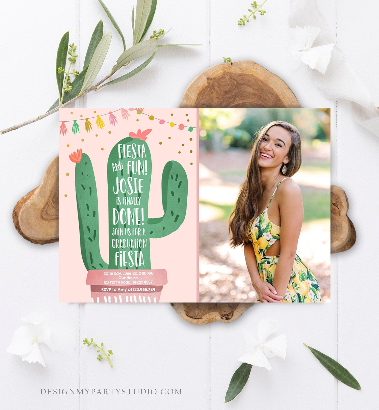 Editable Graduation Fiesta and Fun Party Invitation Finally Done Let's Fiesta Cactus College High School Grad Corjl Template Printable 0255