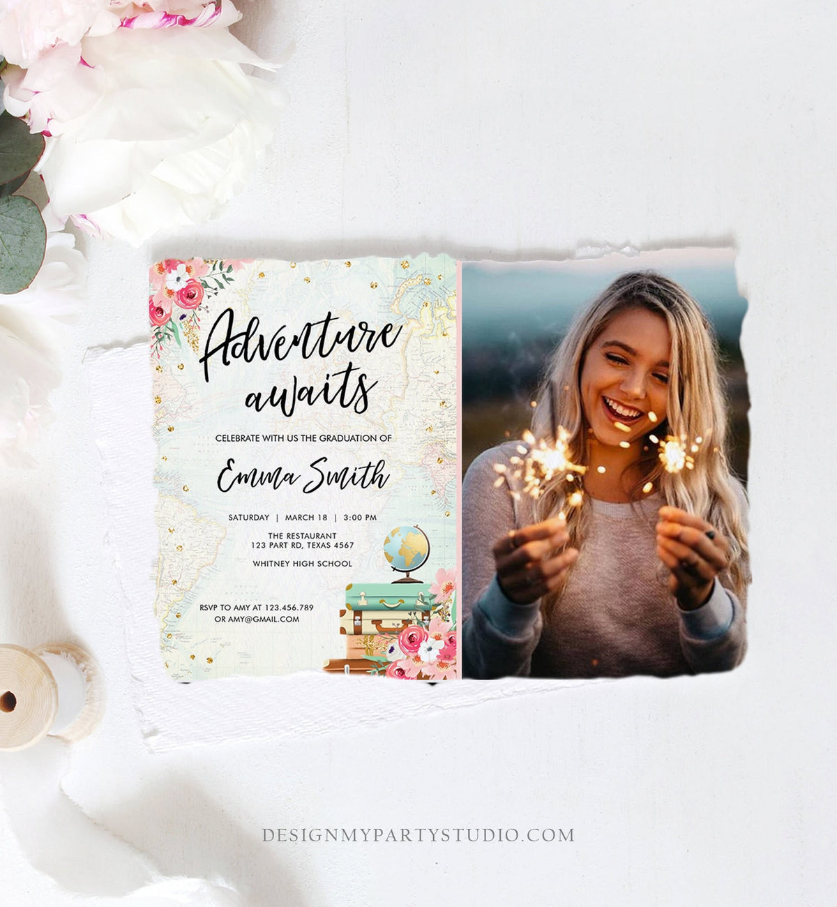 Editable Adventure Awaits Graduation Party Invitation Travel Around the World High School Grad College Digital Template Printable 0030