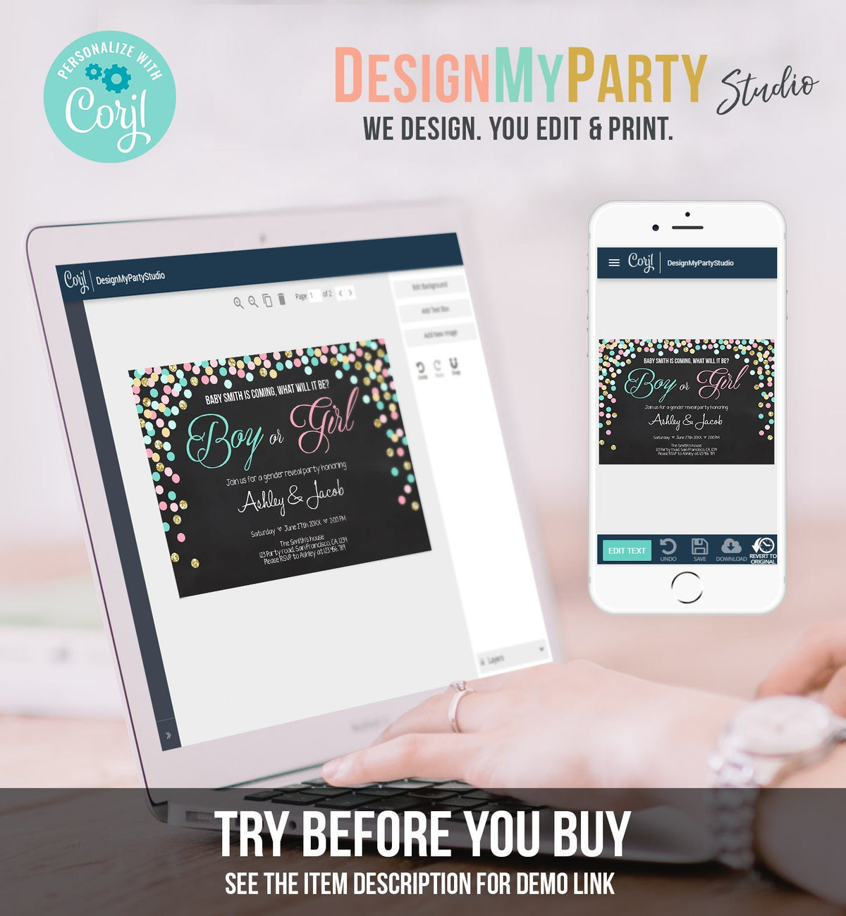 Editable Gender Reveal Invitation Confetti Blue or Pink Gold Boy or Girl He or She Rustic Instant Download Printable Template Corjl 0133