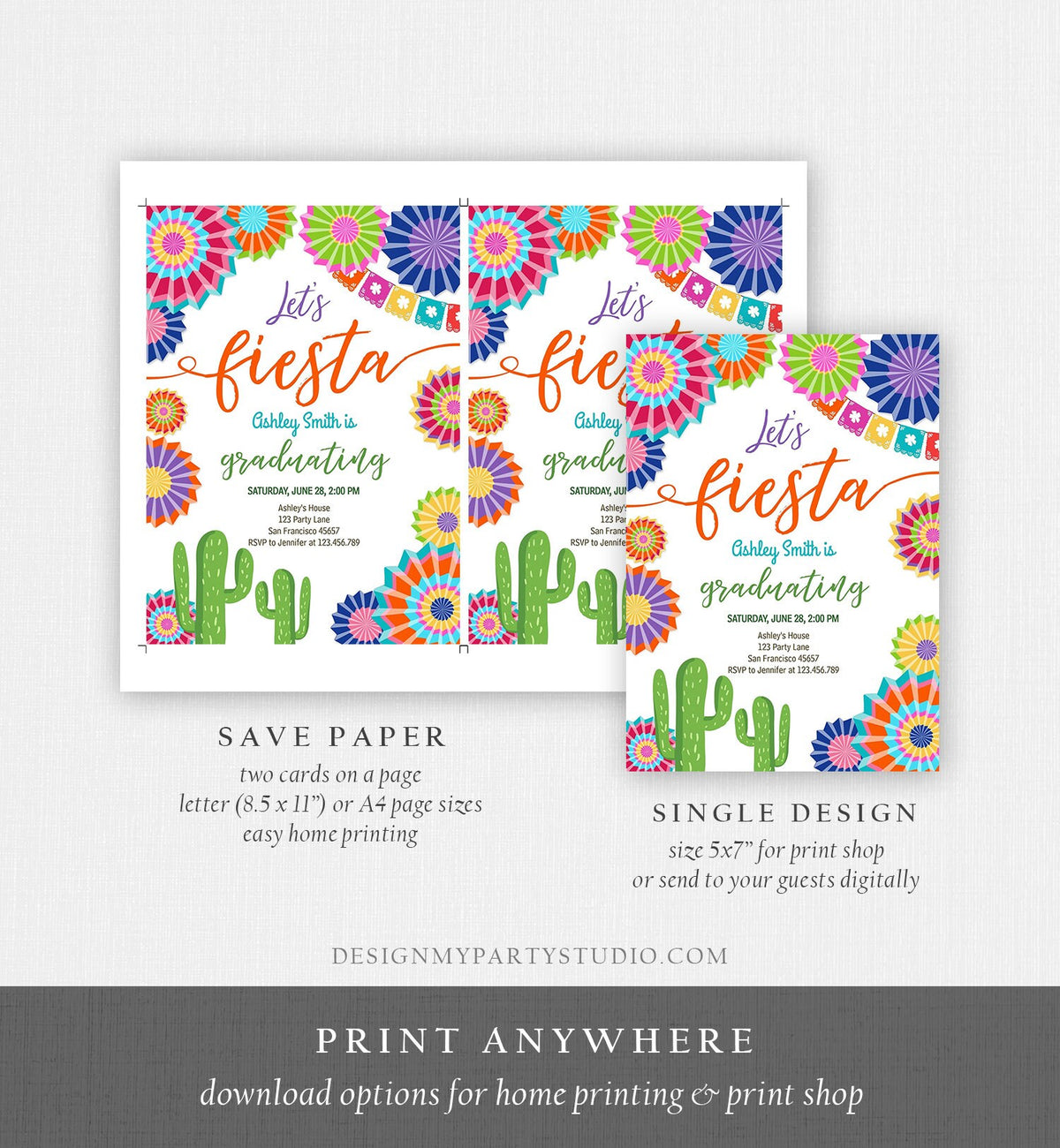 Editable Let's Fiesta Graduation Party Invitation Cactus Mexican Taco Bout Grad High School College Download Corjl Template Printable 0236