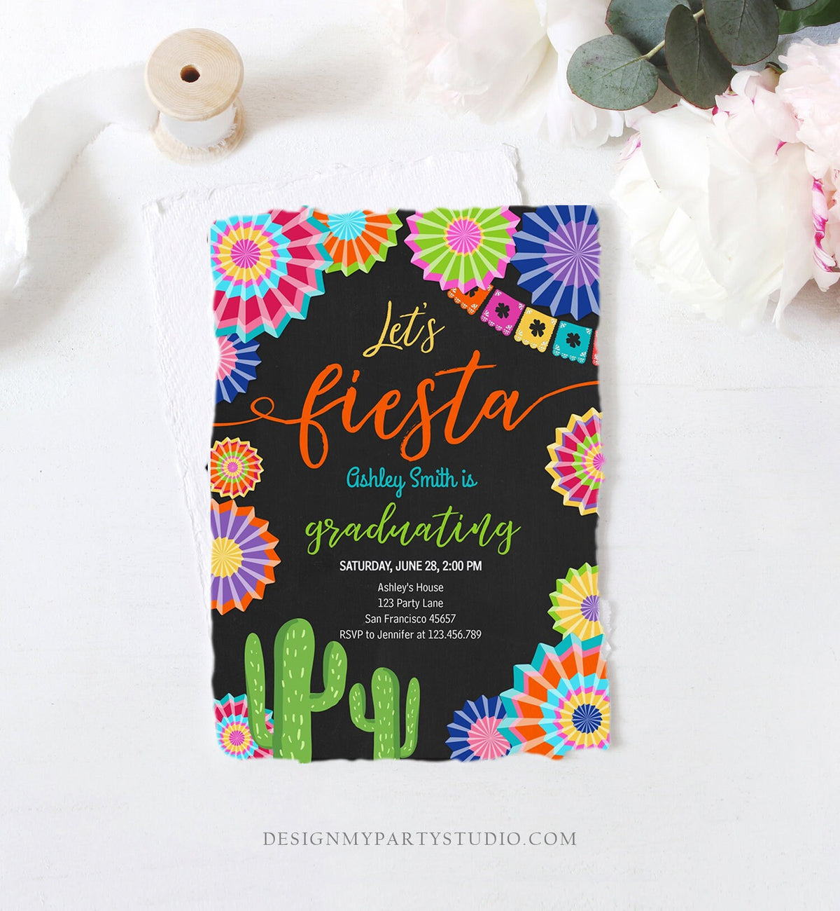 Editable Let's Fiesta Graduation Party Invitation Cactus Mexican Taco Bout Grad High School College Digital Download Template Printable 0236