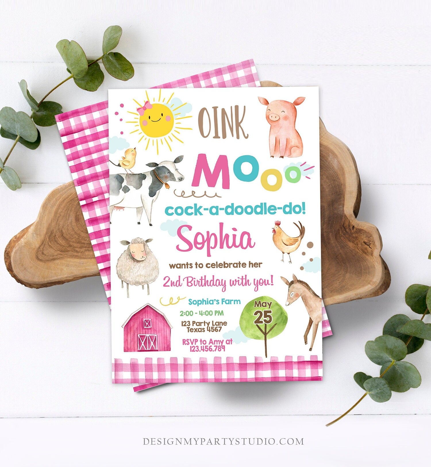 Editable Farm Birthday Invitation Girl Farm Animals Pink Barnyard Party Invite Download Printable Invitation Template Digital Corjl 0160