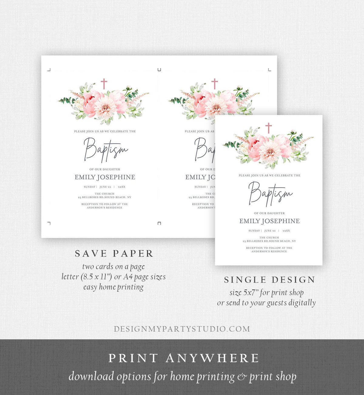 Editable Floral Baptism Invitation Pink Girl Botanical Flowers Greenery Pastel Watercolor Peony Colors Digital Corjl Template Printable 0167