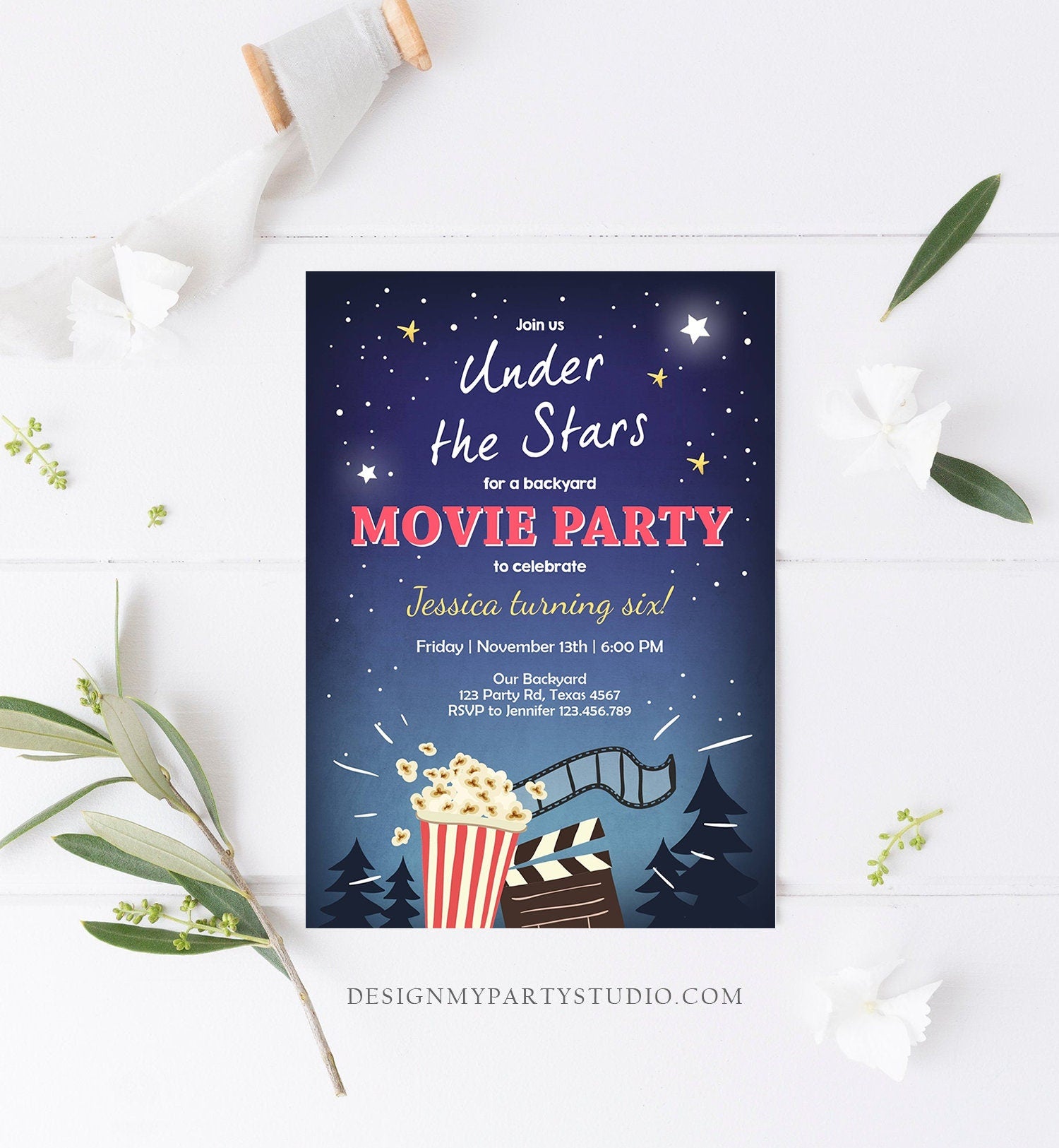 Editable Movie Night Invitation Under the Stars Outdoor Backyard Movie Party Popcorn Birthday Download Corjl Template Printable 0177