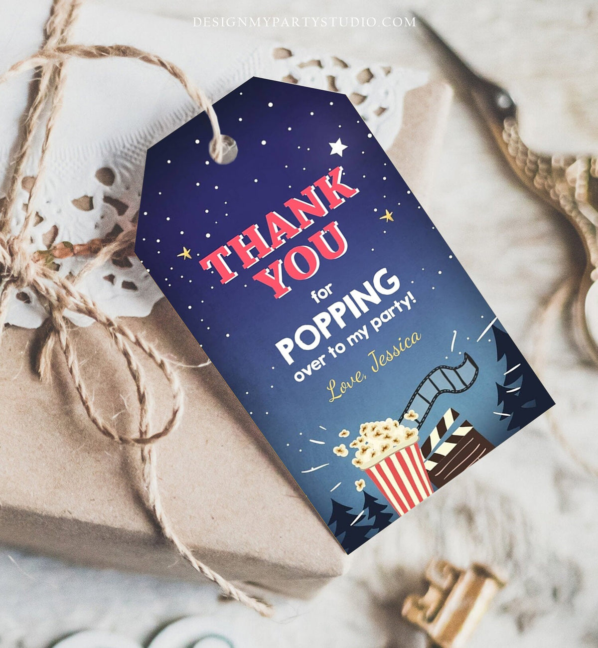 Editable Favor Tags Movie Night Thank you Gift Tags Cinema Movie Under The Stars Popcorn Backyard Movie Party Template PRINTABLE Corjl 0177