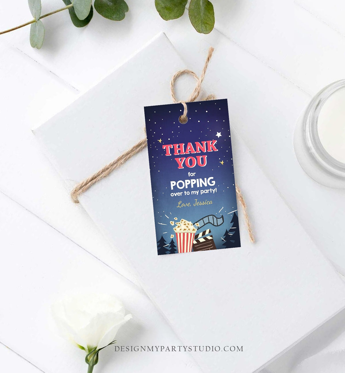 Editable Favor Tags Movie Night Thank you Gift Tags Cinema Movie Under The Stars Popcorn Backyard Movie Party Template PRINTABLE Corjl 0177