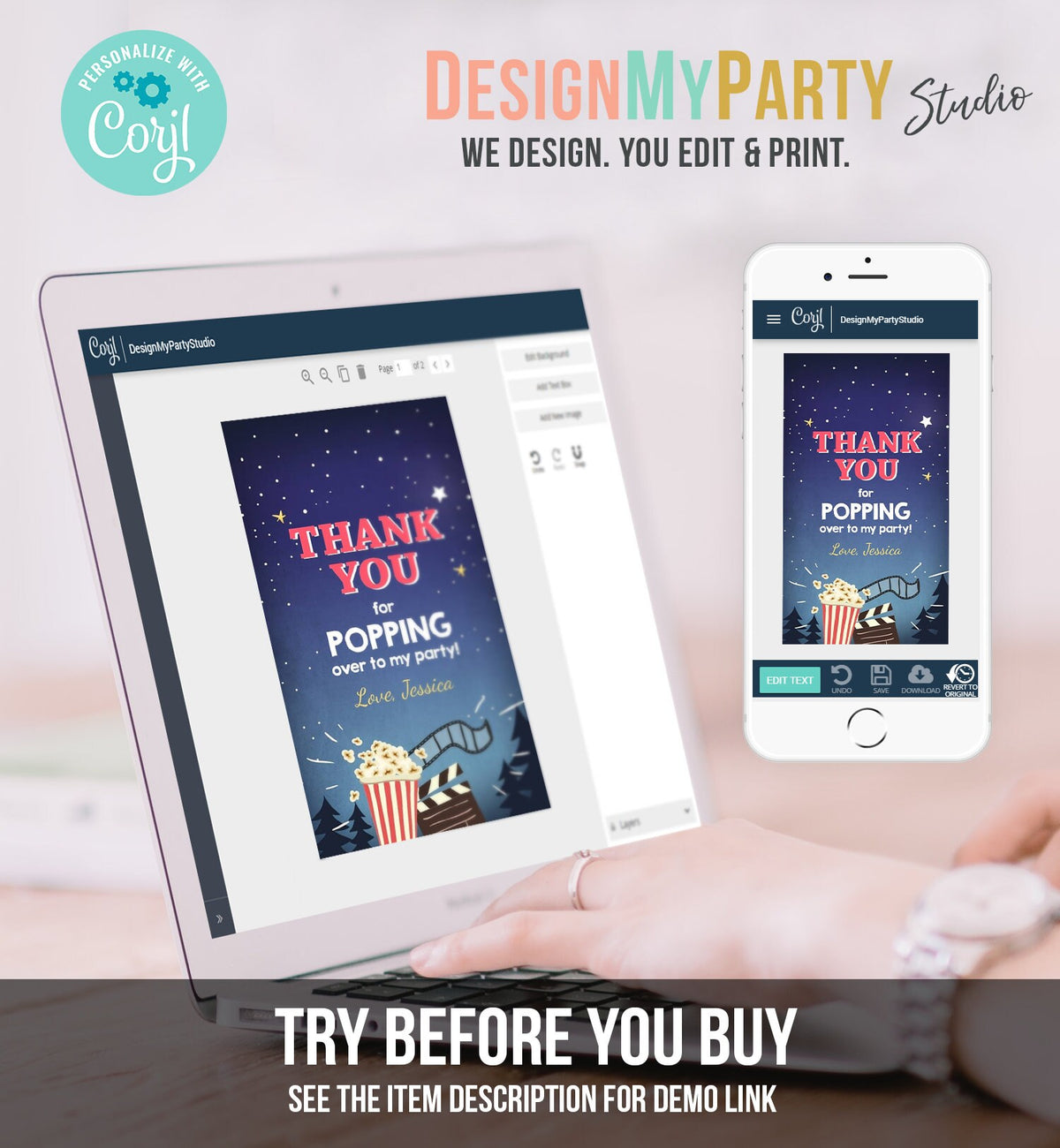 Editable Favor Tags Movie Night Thank you Gift Tags Cinema Movie Under The Stars Popcorn Backyard Movie Party Template PRINTABLE Corjl 0177