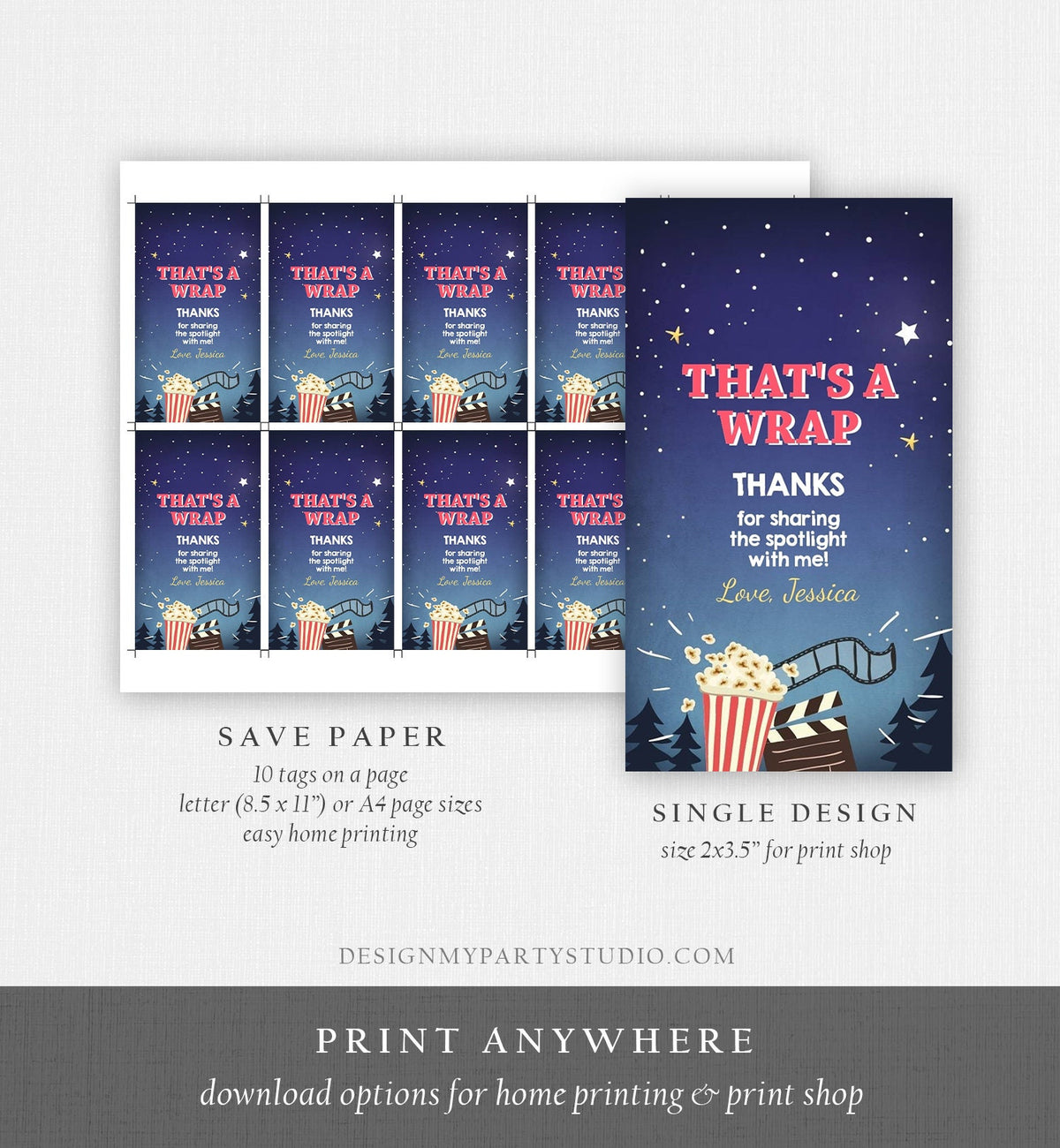 Editable Favor Tags Movie Night Thank you Gift Tags Cinema Movie Under The Stars Popcorn Backyard Movie Party Template PRINTABLE Corjl 0177