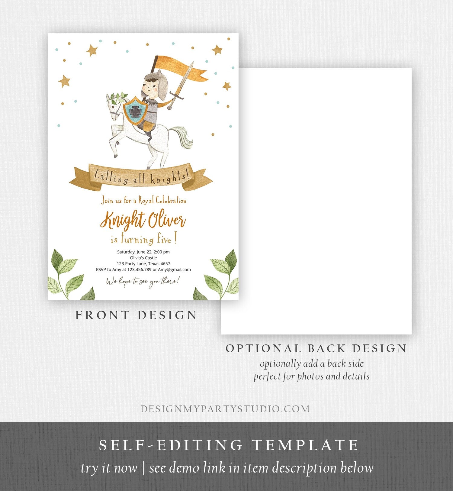 Editable Knight Birthday Invitation Boy Royal Birthday Once Upon a Time Knight Dragon Castle Blue Medieval Digital Template Printable 0171