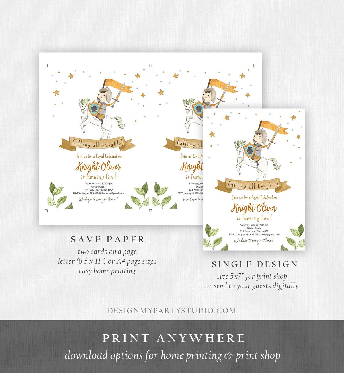 Editable Knight Birthday Invitation Boy Royal Birthday Once Upon a Time Knight Dragon Castle Blue Medieval Digital Template Printable 0171