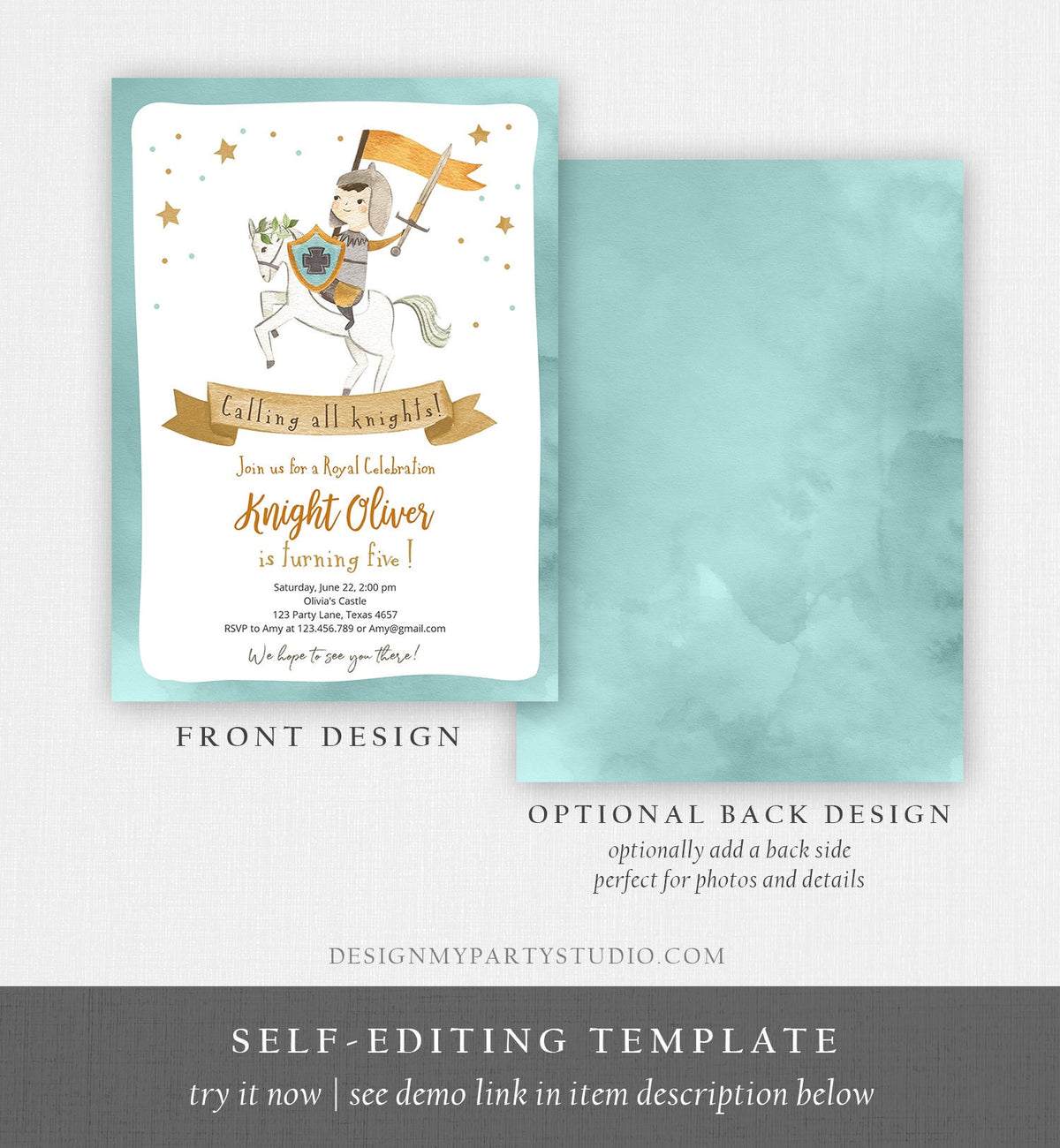 Editable Knight Birthday Invitation Boy Royal Birthday Once Upon a Time Knight Dragon Castle Blue Medieval Template Corjl Printable 0171