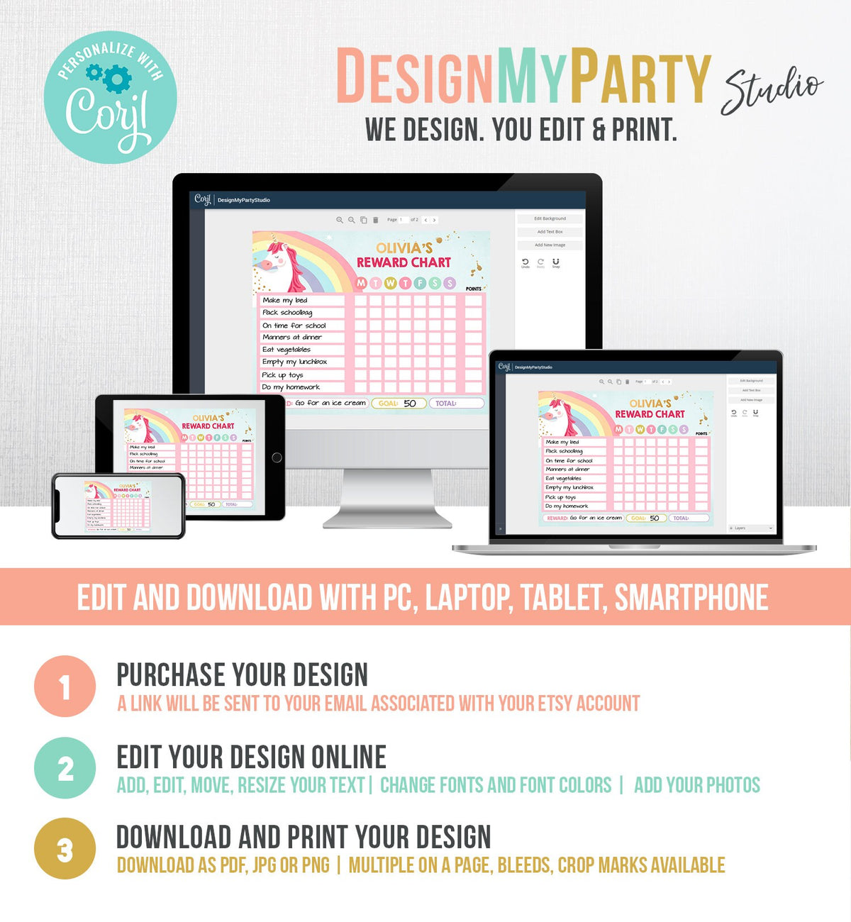 Editable Unicorn Reward Chart for Girls Unicorn Chore Chart for Kids Routine Chart Pink Purple Rainbow Digital Printable Habit Template 0323