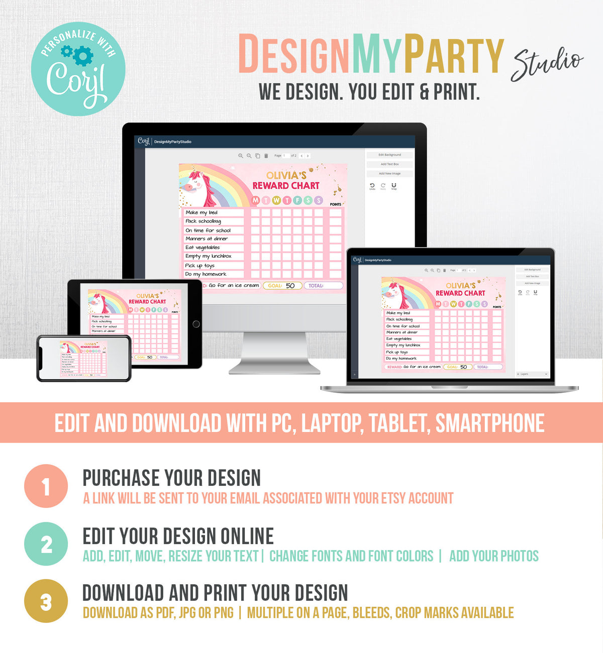 Editable Unicorn Reward Chart for Girls Unicorn Chore Chart for Kids Routine Chart Pink Purple Rainbow Gold Printable Corjl Template 0323