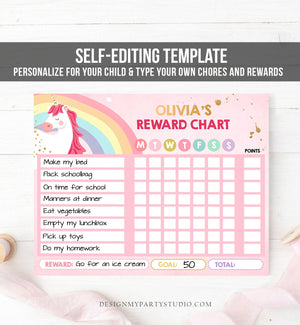 Editable Unicorn Reward Chart for Girls Unicorn Chore Chart for Kids Routine Chart Pink Purple Rainbow Gold Printable Corjl Template 0323